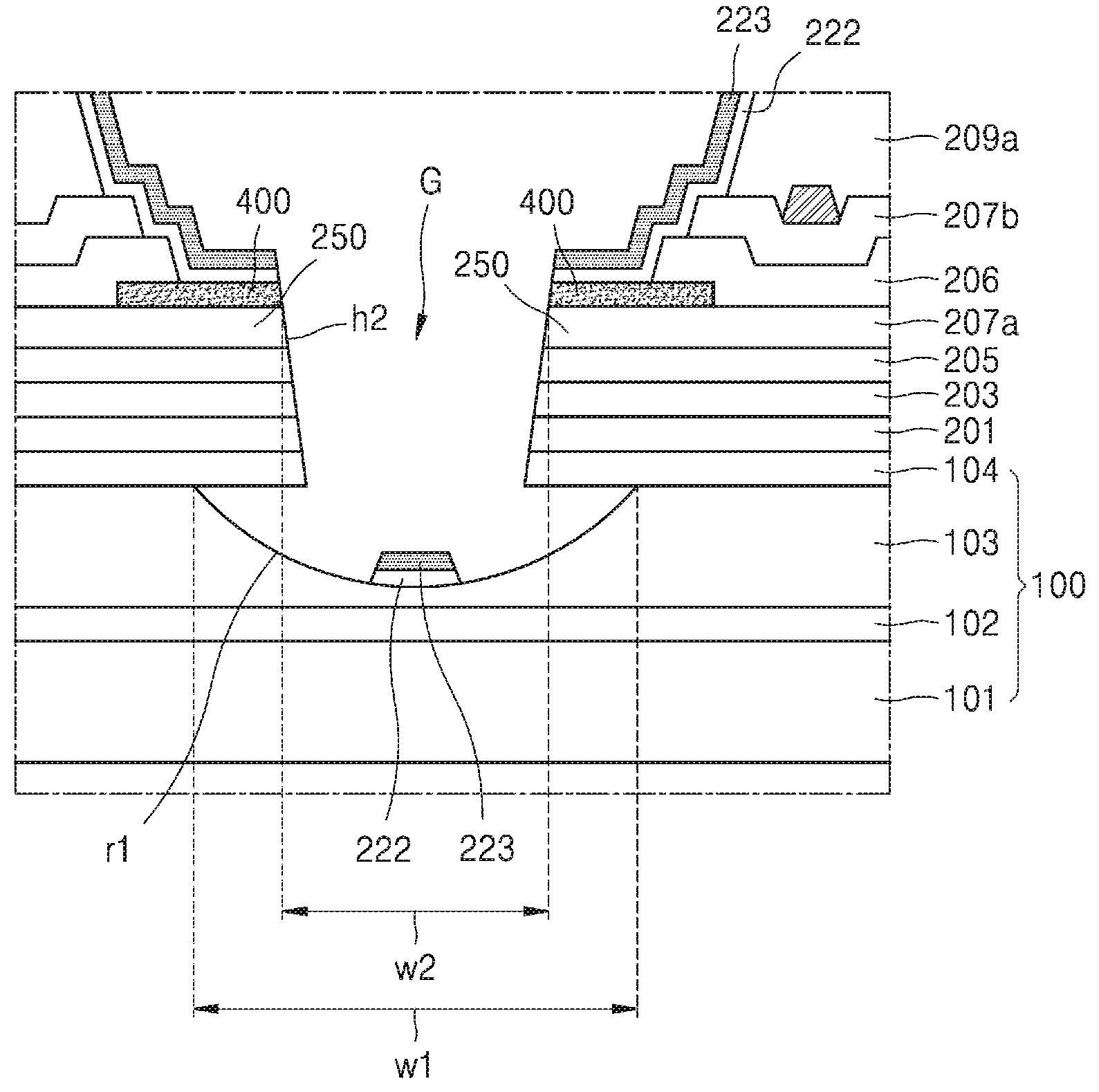 US11,889,720 특허 도면(FIG. 10) — 홀 가장자리를 따라 새겨진 이중 홈 구조 단면도, 유기물층을 물리적으로 끊어 수분 침투 경로를 차단한다
