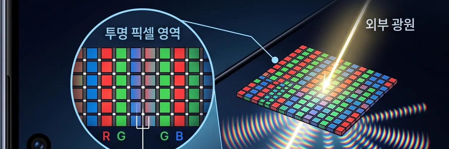 투명 픽셀 영역에 외부 광원이 닿아 회절 무늬가 퍼지는 개념도