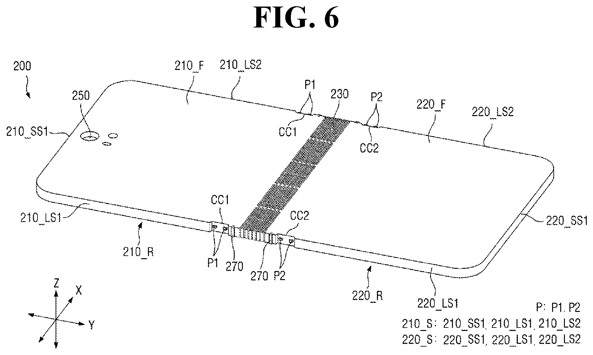 US11,812,566 특허 도면(FIG. 6) — 폴더블 플레이트 위에 대각선으로 그어진 빗금 무늬 띠(부호 230)가 접히는 축과 겹치는 패턴부다
