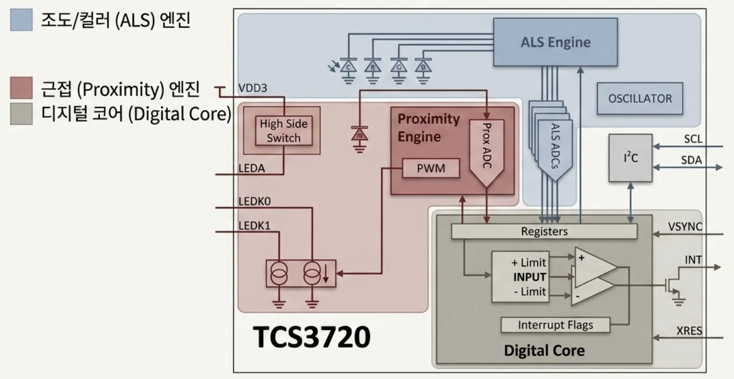 ams TCS3720 블록도 — ALS Engine, Proximity Engine, Digital Core 구조