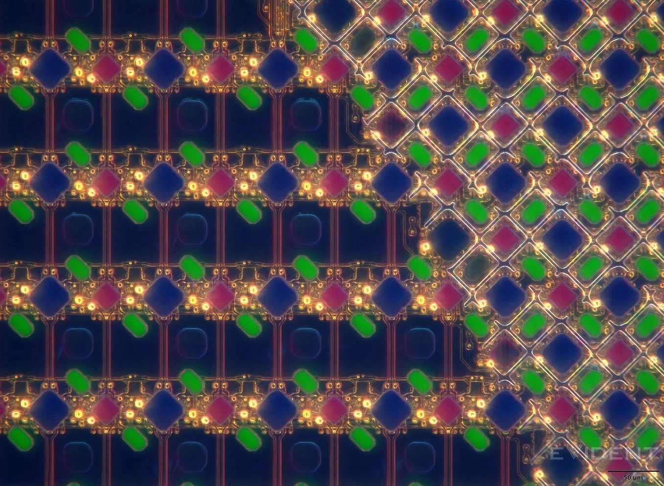 Microscope photo at 40x of the iPhone 18 Pro display near the Face ID camera. On the left, above the camera, rows of red, green and blue sub-pixels alternate with empty rows. On the right, the normal area is filled with a dense diamond pattern of sub-pixels.